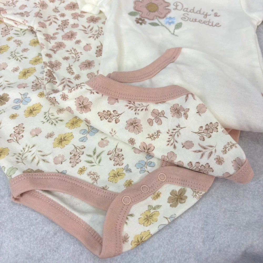 Chickpea Floral Embroidered Daddys Sweetie 3PK Bodysuit Baby Girl 6-9M Cottage